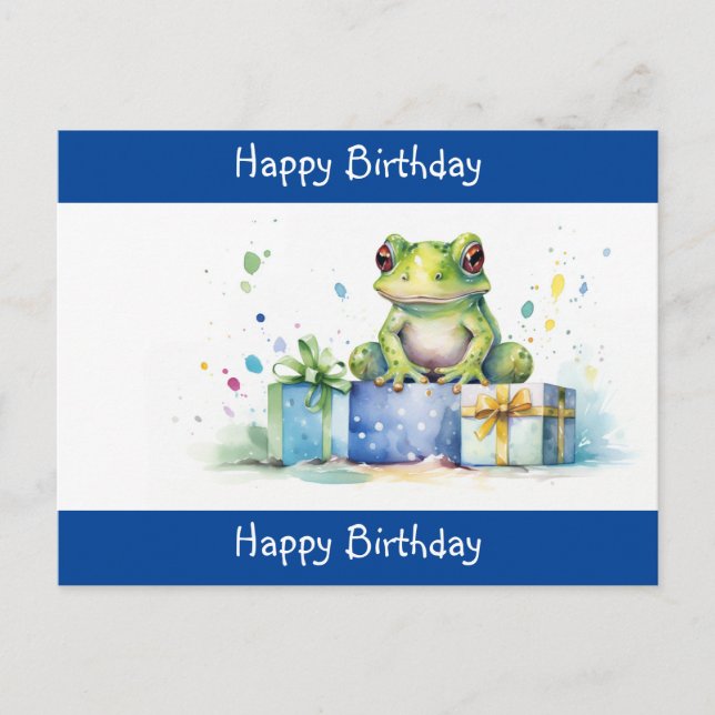 Happy Birthday Cute Green frog with wrapped gifts Postcard (Front)