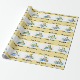 Happy Birthday Cute Green frog with wrapped gifts Wrapping Paper