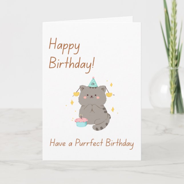 Happy Birthday Cute Grey Cat Card (Front)