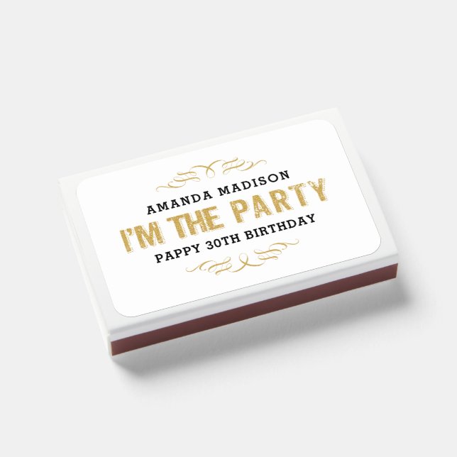 Happy Birthday Cute I'm The Party Gold Typography Matchboxes (Front Closed)