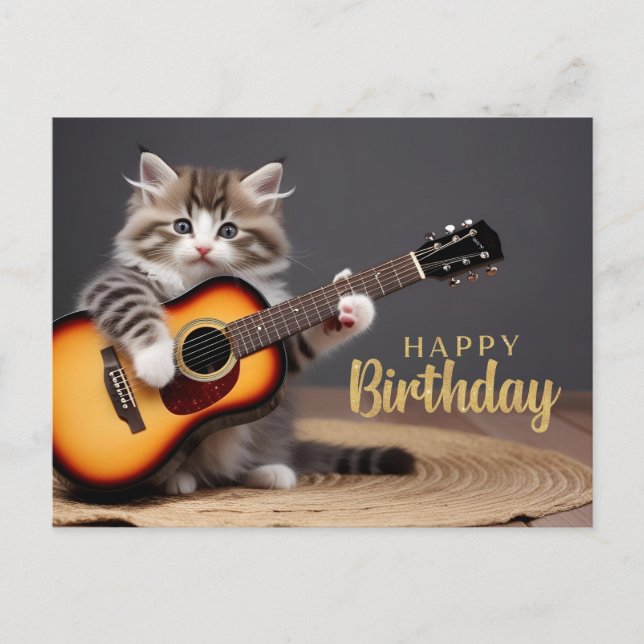 Happy Birthday Cute Kitten Playing Guitar  Postcard (Front)