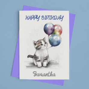 Happy Birthday Cute Kitten with Balloons  Card