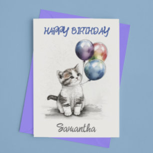 Happy Birthday Cute Kitten with Balloons  Card