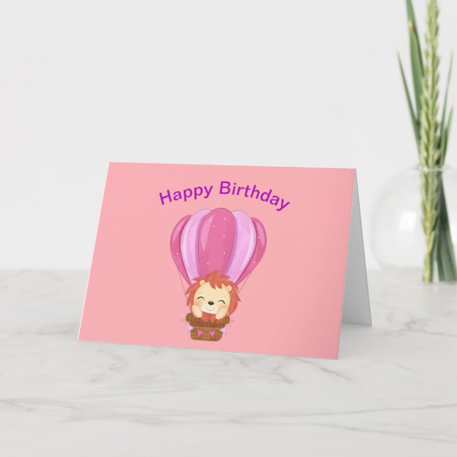 Happy Birthday Cute Lion In Hot Air Balloon  Holiday Card (Front)