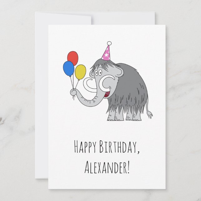 Happy Birthday Cute Mammoth Balloons Postcard (Front)