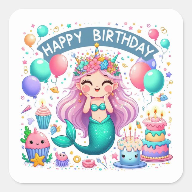 Happy Birthday Cute Mermaid Celebrating  Square Sticker (Front)