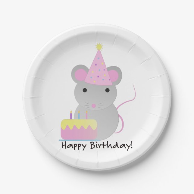 Happy Birthday Cute Parrty Mouse Paper Plates (Front)