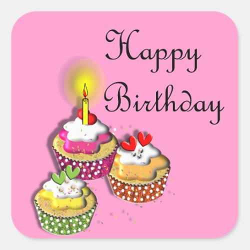 Happy Birthday Cute Party Cup Cakes Square Sticker