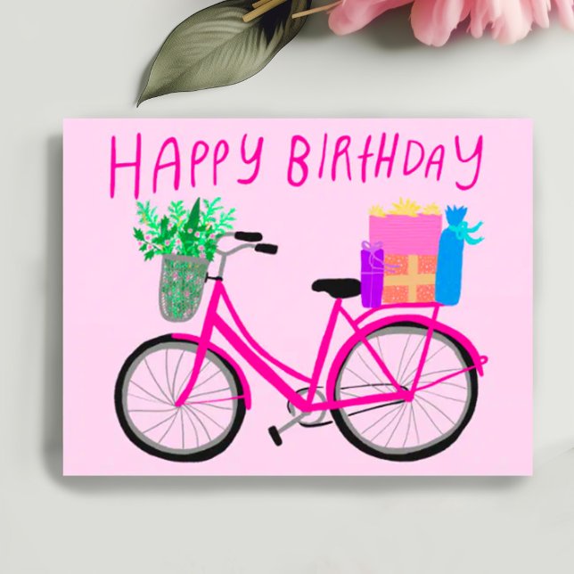 HAPPY BIRTHDAY Cute Pink Bicycle Custom  Postcard (Happy birthday cheerful pink bicycle with gifts and flowers. Add your own text customize  postcard)