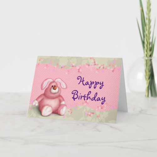 Happy Birthday Cute Pink Bunny With Hearts Card