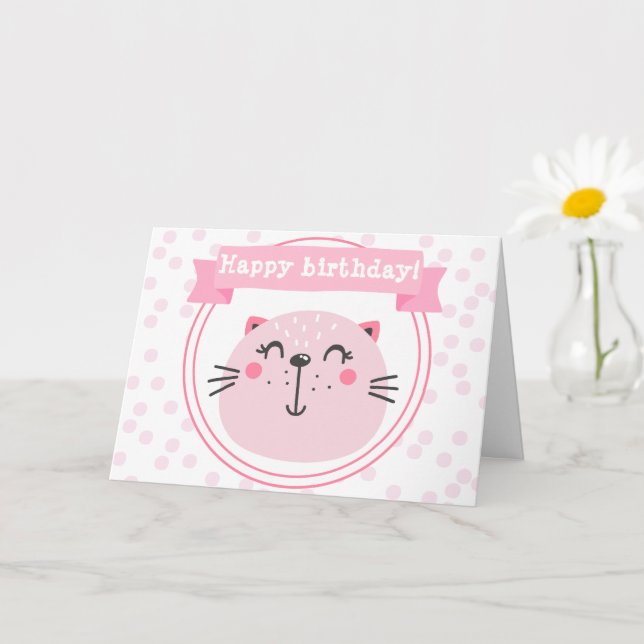 Happy birthday! Cute Pink Cat - Kids Birthday Card (Small Plant)