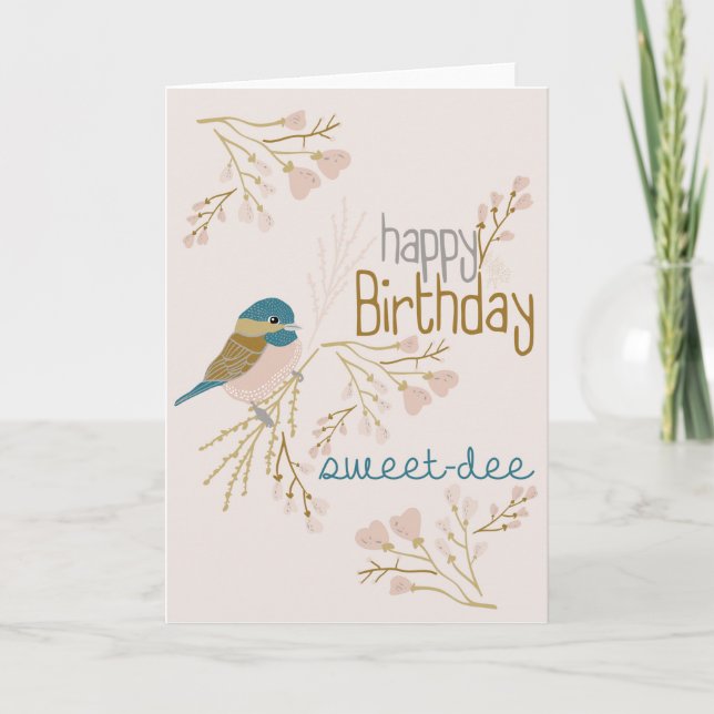 Happy Birthday Cute Pink Chickadee Floral Card (Front)