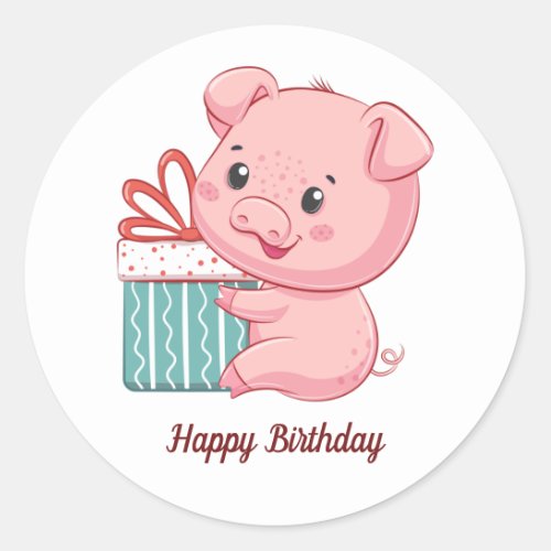 Happy Birthday Cute Pink Piglet with Gift Box Classic Round Sticker