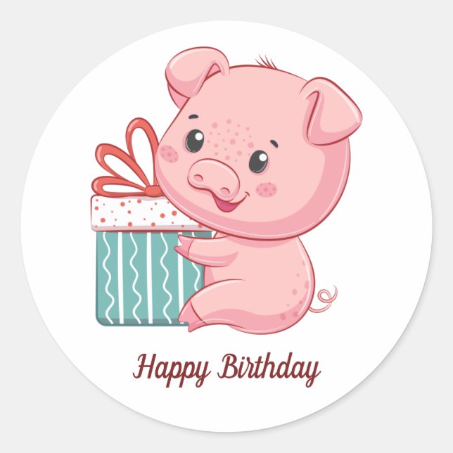 Happy Birthday Cute Pink Piglet with Gift Box Classic Round Sticker (Front)