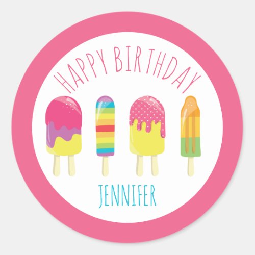 Happy birthday cute pink Popsicle party kawaii Classic Round Sticker