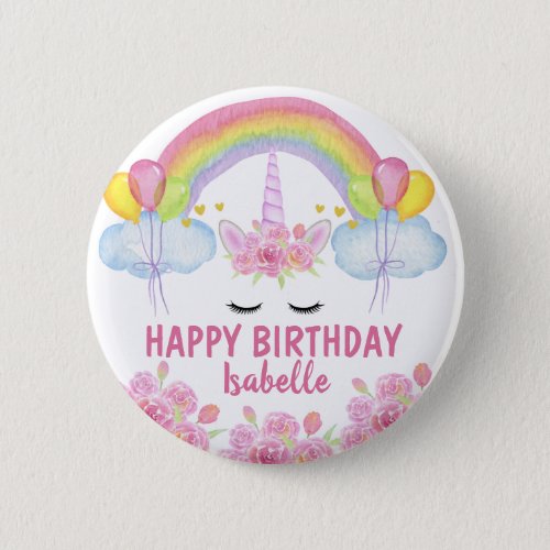 Happy Birthday Cute Pink Unicorn Rainbow Floral Button