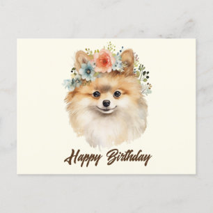 Happy Birthday Cute Pomeranian Dog with Flowers  Postcard