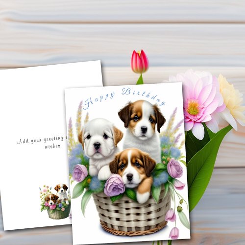 Happy Birthday Cute Puppies in Flower Basket Card