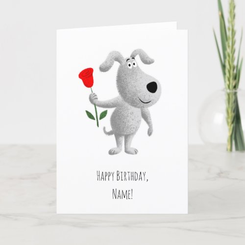 Happy Birthday Cute Puppy Dog Red Rose Holiday Card