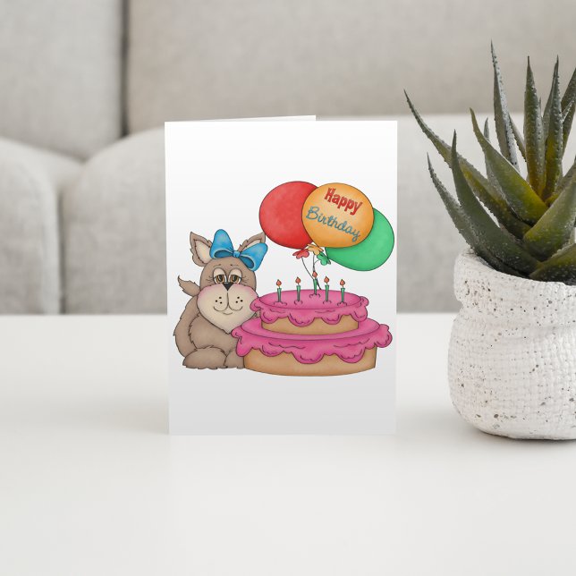 Happy Birthday Cute Puppy with Balloons and Cake  Card (Creator Uploaded)