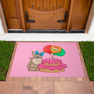 Happy Birthday Cute Puppy with Balloons and Cake Doormat