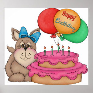 Happy Birthday Cute Puppy with Balloons and Cake  Poster