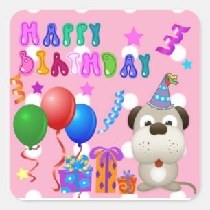 Happy birthday cute puppy with cake and gifts pink square sticker