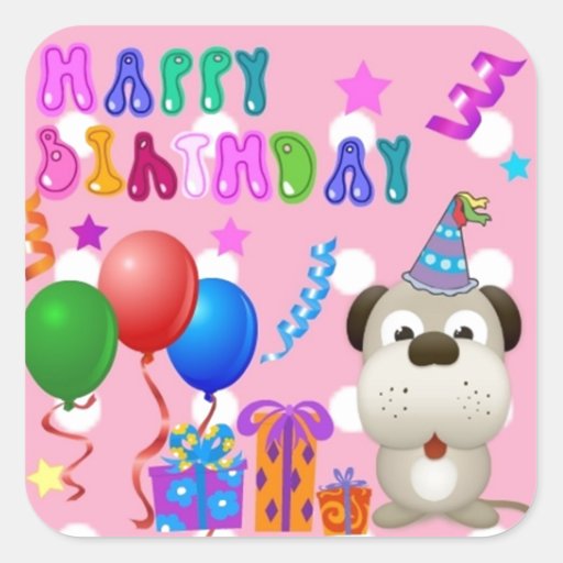 Happy birthday cute puppy with cake and gifts pink square sticker | Zazzle