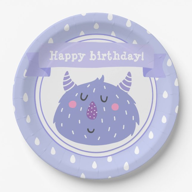 Happy birthday! Cute Purple Monster Paper Plates (Front)