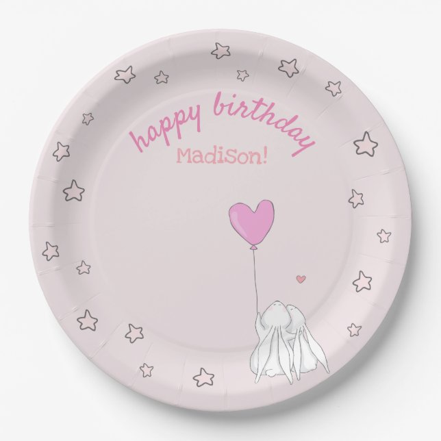 Happy Birthday! Cute Rabbits Girl's Birthday Paper Plates (Front)