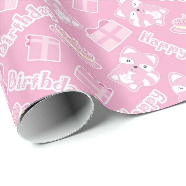 Happy Birthday Cute Raccoon Wrapping Paper (Roll Corner)