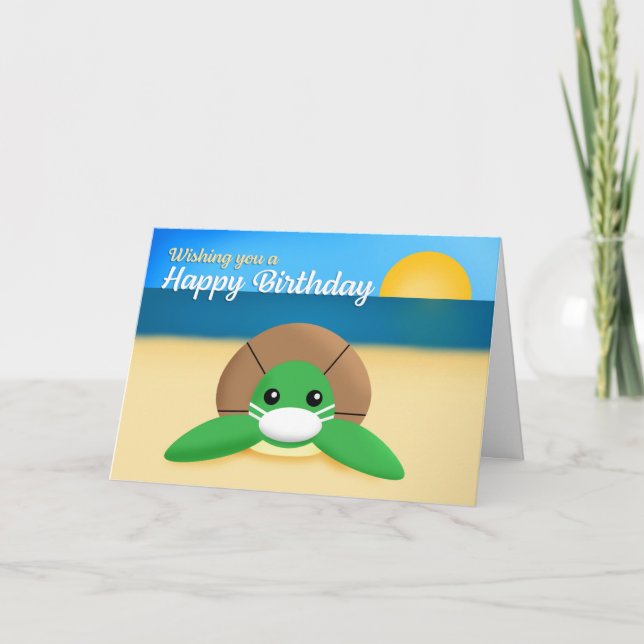 Happy Birthday Cute Sea Turtle in Coronavirus Mask Card (Front)