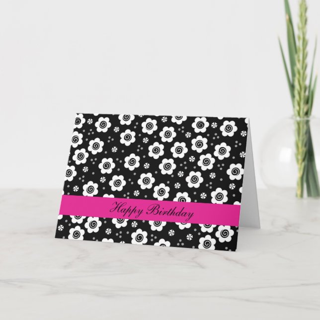 Happy Birthday Cute Simple Retro Black White Daisy Card (Front)