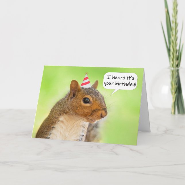 Happy Birthday Cute Squirrel in Party Hat Holiday Card (Front)
