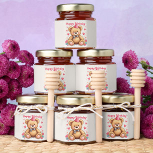 Happy Birthday Cute Teddy Bear with Pink Hearts Honey Jar Favors