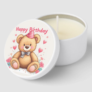 Happy Birthday Cute Teddy Bear with Pink Hearts Mini Candle Favors