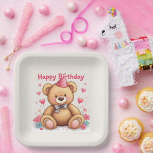 Happy Birthday Cute Teddy Bear with Pink Hearts Paper Plates