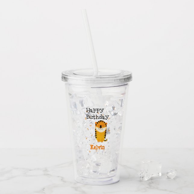 Happy birthday cute tiger custom name gray acrylic tumbler (Front Ice)