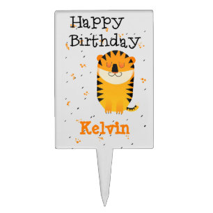 Happy birthday cute tiger custom name gray cake topper