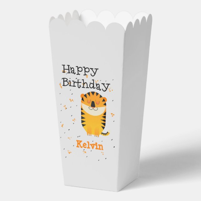 Happy birthday cute tiger custom name gray favor boxes (Front)