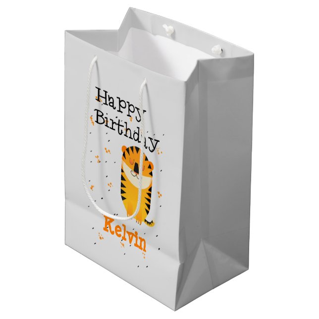 Happy birthday cute tiger custom name gray medium gift bag (Front Angled)