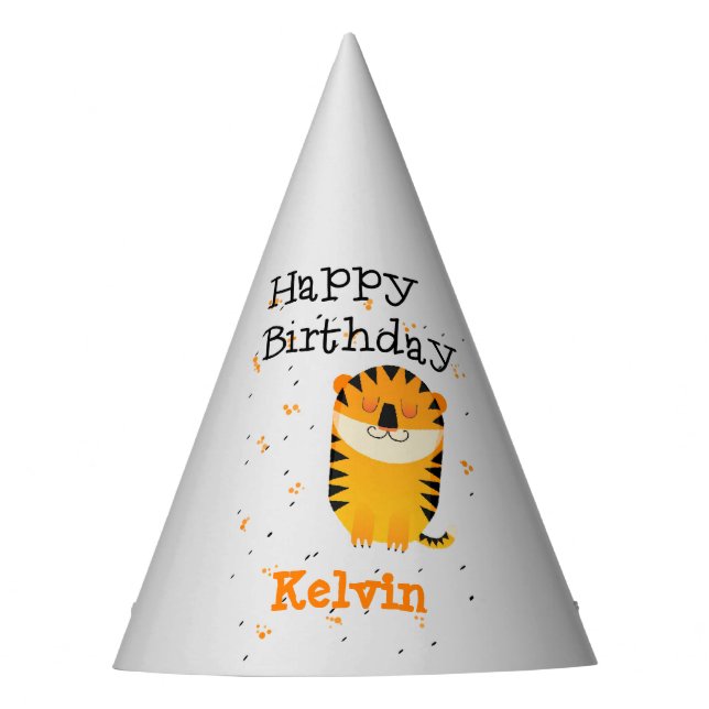 Happy birthday cute tiger custom name gray party hat (Front)