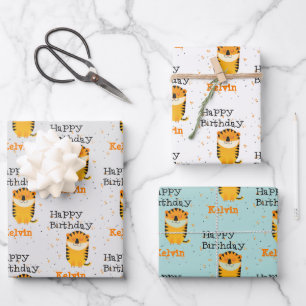 Happy birthday cute tiger custom name wrapping paper sheets