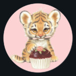 Happy Birthday - Cute Tiger with Cupcake Classic Round Sticker<br><div class="desc">Happy Birthday - Cute Tiger with Cupcake</div>