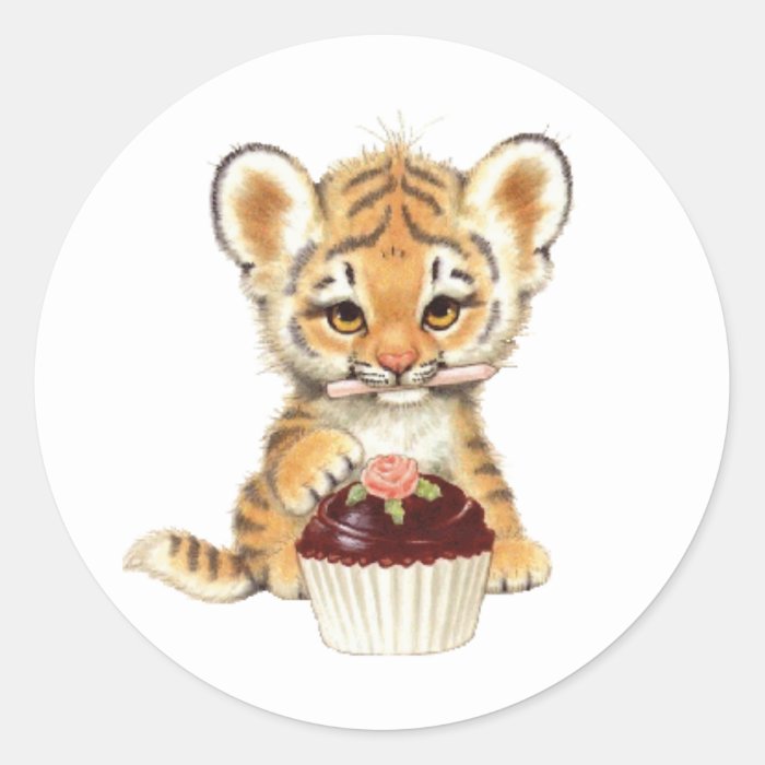 Happy Birthday   Cute Tiger with Cupcake Round Sticker