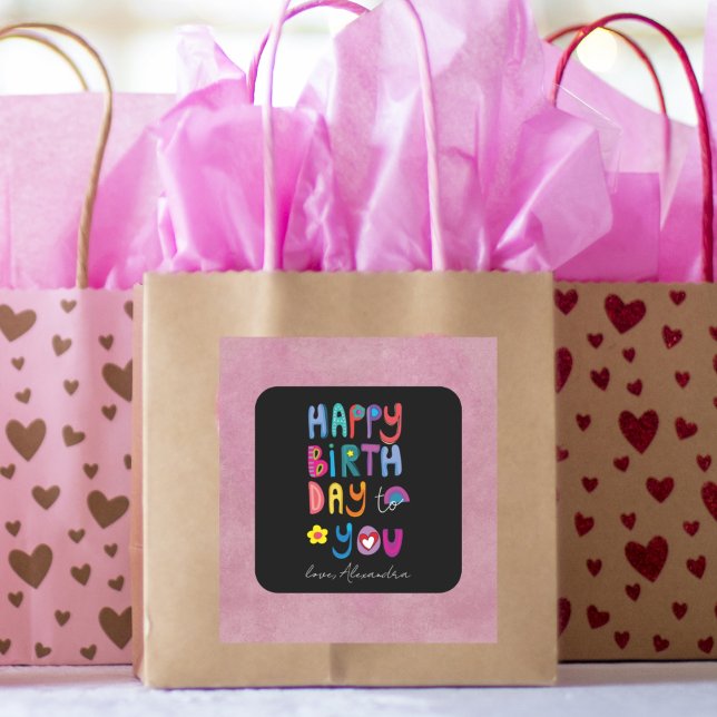 Happy Birthday Cute Typography Personalized  Square Sticker (Creator Uploaded)