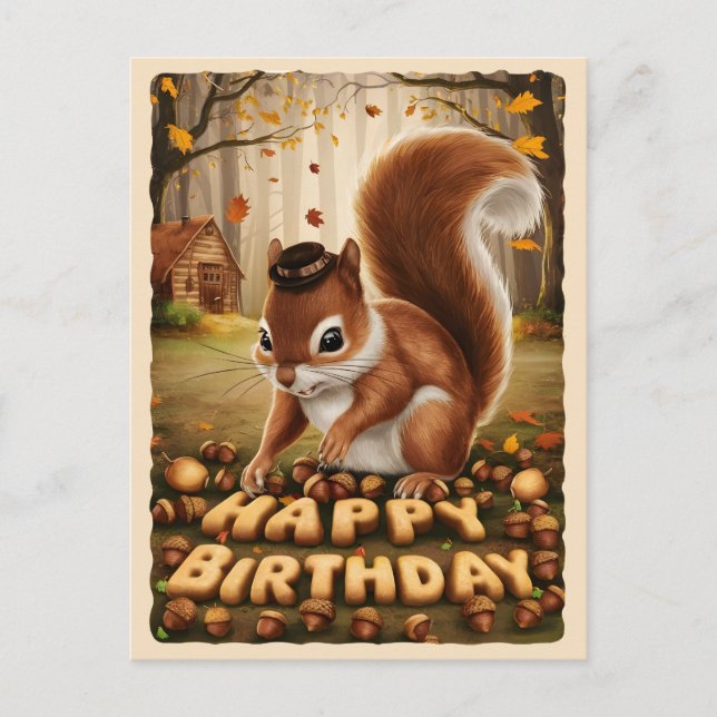Happy Birthday Cute Vintage Squirrel Postcard (Front)