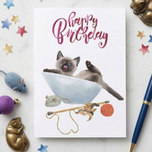 Happy Birthday Cute Watercolor Siamese Kitten Cat Card Happy Birthday Cute Watercolor Siamese Kitten Cat Card