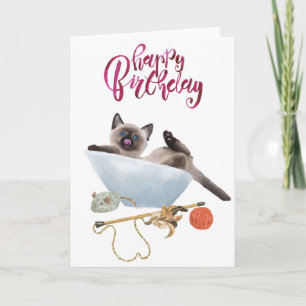 Happy Birthday Cute Watercolor Siamese Kitten Cat Card