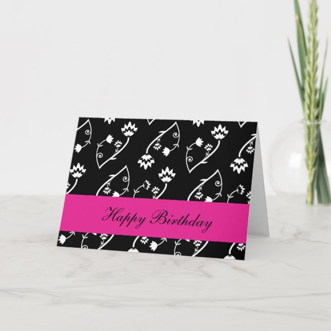Happy Birthday Cute Whimsical Black White Flowers Card (Front)